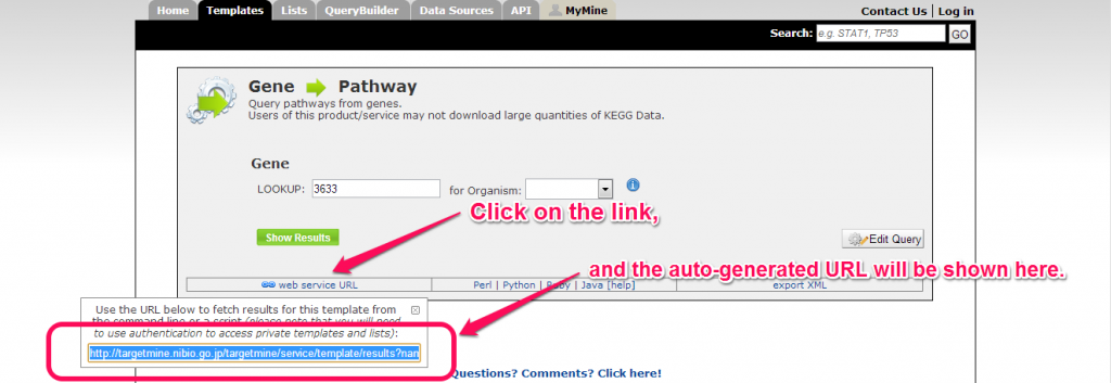 Each template contains a 'web service URL' link