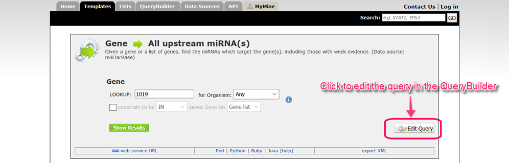 A Gene to miRNA template